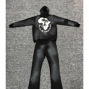 Chándal de felpa francesa de peso pesado para hombre, chándal con estampado de hojaldre, Sudadera con capucha y logotipo personalizado, conjunto de pantalones de chándal apilados acampanados, 100% algodón para hombre - Product Image 5