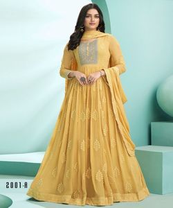 Fabuleux Festival Wear Nouvelle Arrivée Anarkali Farine Longueur Longue Robe avec Dupatta Georgette Tissu Jaune Bordure Manches Régulières Alphanumero - Product Image 3