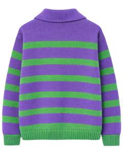 Custom <b>Men</b> Quarter Zip Knit Sweater Green And Purple Striped Textured Knit High Collar Warm Winter Casual Pullover OEM Custom - Product Image 2