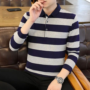 Pure Cotton New Polo <b>Shirt</b> <b>T</b>-<b>shirt</b> Quick-drying Stand-up Collar Men's Elastic Stripes Spring Autumn Sports Outdoor Long Sleeves - Product Image 2