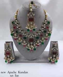 Indian Fancy Traditional and Fashionable Gold Tone Kundan Pearl Choker Necklace Earrings Set With Mangtikka for Women and Girls - Product Image 2