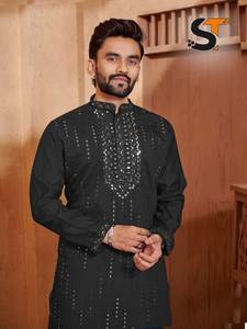 Wedding Wear Roman Silk With Embroidery Mirror Work <b>Mens</b> <b>Kurta</b> Pajama Manufacturer From India At Lowest Rate For Sale - Product Image 5