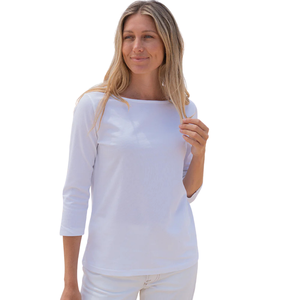 <b>Women</b> <b>White</b> 3/4 Sleeve Boat Neck <b>T</b> <b>Shirt</b> 100% Luxury Organic Cotton Pre Shrunk GOTS Certified Premium Soft Classic Fit Tee - Product Image 3