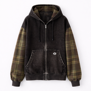 Sweats à capuche oversize pour hommes avec manches à carreaux, sweats en molleton vintage lavés, sweats à capuche personnalisés OEM, streetwear, sweats à capuche à fermeture éclair en gros, États-Unis - Product Image 5