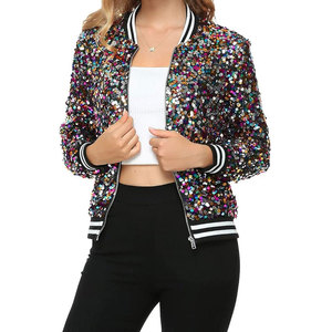 New Arrival Women's Stylish Sequin Long Sleeve Front Zip Bomber Denim Jacket Breathable <b>Knitted</b> <b>Ribbed</b> Cuffs Outerwear - Product Image 4