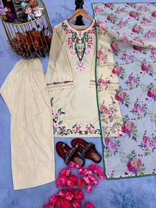 Conjunto de Salwar Kameez de 3 Piezas para Mujer, en Crepé Francés Premium de RADHE EXPORT, Color Blanco, Bordado Intenso, Mangas con Diseño Moderno - Product Image 6