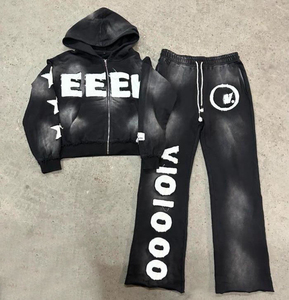 High Quality Acid Wash Mens Tracksuit Custom Streetwear Print 500 Gsm Cropped Pullover Hoodie and Sweatpants Set Tracksuits - Product Image 4