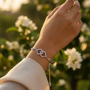 Bracelet de charme en argent avec pierre précieuse en forme de cœur rubis pour femmes - Product Image 3