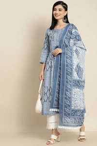 Kurta tradicional de algodón estampado azul con pantalones y dupatta, cuello redondo, mangas tres cuartos, 2 bolsillos, ropa de fiesta - Product Image 3