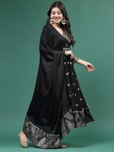 Conjuntos de Kurta, Pantalón y Dupatta Angrekha Bordados en Color Negro, Elegantes y Modernos para Mujer, Listos para Usar, Casuales, de Rayón, Cuello en V, Corte en A, OEM - Product Image 5