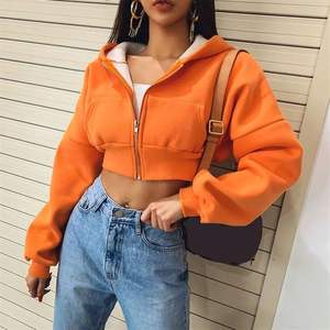 Sweats à capuche zippés en coton solide vintage pour femmes avec poches Streetwear sweat court Outwear Femme vestes à capuche - Product Image 6