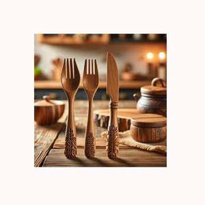 Juego de cubiertos de metal modernos personalizados, cubiertos de madera de melocotón con mango en forma de U, juego de cubiertos de acero inoxidable de Portugal para restaurante - Product Image 3