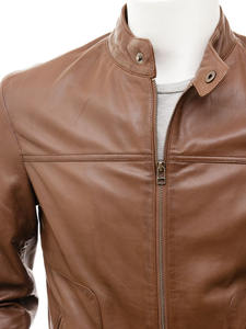 Veste en peau de mouton marron clair personnalisée de grande taille pour hommes de haute qualité en cuir véritable style moto respirant pour l'hiver avant - Product Image 3