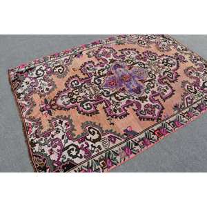 Alfombra turca de área grande Vintage, diseño clásico de retazos rectangulares de 5,1x7,2 pies, látex de algas marinas de lana rosa y púrpura para uso en pasillos - Product Image 2