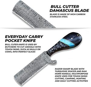 มีดคาวบอยล่าสัตว์ Trend Blades รุ่น TB-2199 ใบมีดเหล็กดามัสกัสปรับแต่งได้ คาร์บอนสูง จับถนัดมือ ด้ามทำจากเขาแกะและไม้เทอร์ควอยซ์ - Product Image 3