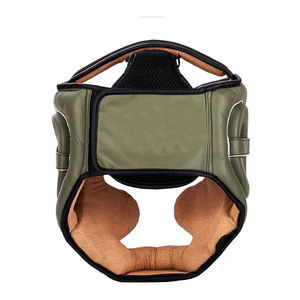 Logotipo personalizado MMA Head Guard Khaki Black Boxing Cascos para Thai Kickboxing Taekwondo Fight Combat Protección facial Hecho de cuero - Product Image 6