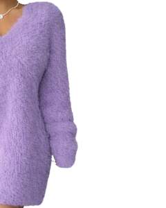 Customized Lavender <b>Purple</b> Fuzzy Knit Sweater <b>Dress</b> <b>Women</b> V Neck Long Sleeve Soft Plush Winter Warm Fashion OEM Custom Wholesale - Product Image 4