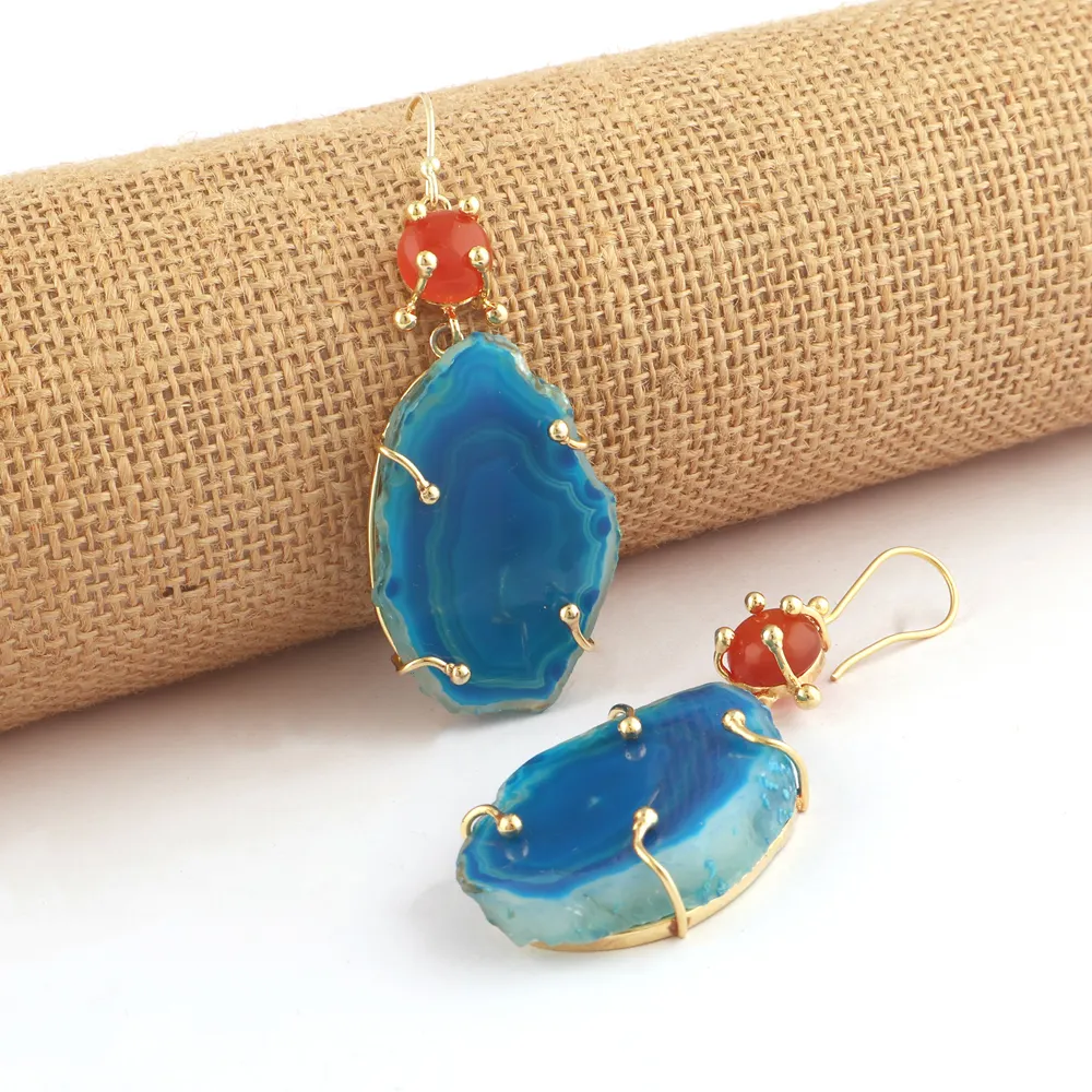 High quality statement earring big size real agate slice with carnelian hanging earring brass 18k gold plated party wear dangler