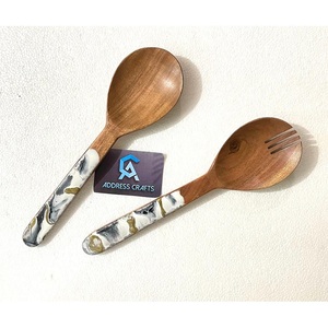 Hot Selling Wooden Cutlery With Epoxy Resin Handle Acacia Salad Server Set Kitchen Utensils <b>Serving</b> <b>Spoon</b> Tableware Salad Tools - Product Image 2