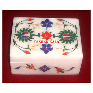 Caja de almacenamiento de joyería con diseño de incrustaciones florales de forma Rectangular de mármol blanco puro hecho a mano más hermoso para decoración del hogar - Product Image 1