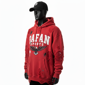 เสื้อฮู้ดดี้ผ้าฝ้ายฟลีซ 350 GSM สีแดง แต่งรอยขาด สไตล์สเปรย์ นุ่ม อุ่น สกรีนโลโก้ปักเองได้ เสื้อฮู้ดดี้พื้นฐาน - Product Image 5