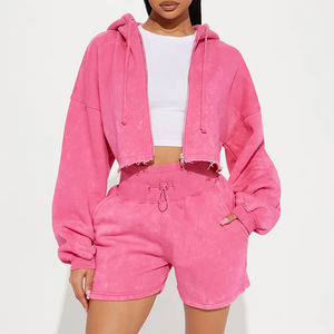 Conjunto de Sudadera Corta con Capucha y Pantalones Cortos, Estilo Casual, Talla Grande, Lavado Ácido, Color Sólido, Ecológico, Ropa de Invierno de Dos Piezas para Mujer - Product Image 4