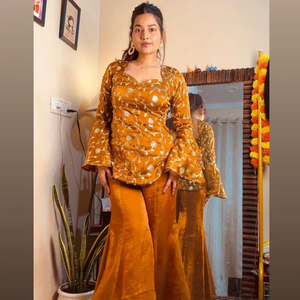 Ensemble coordonné traditionnel brodé jaune moutarde pour femmes, Salwar Kameez, pantalon palazzo, vêtements indiens indo-occidentaux, tenue de fête - Product Image 3