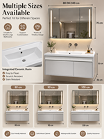 Rak Dinding Kamar Mandi Modern dengan Kabinet Kayu Solid, Wastafel Keramik, Cermin Pintar 800/900/1000mm Siap Kirim