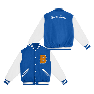 Chaqueta clásica de béisbol para hombre con logotipo personalizado y bordado en la espalda, chaqueta universitaria con mangas blancas y Letras en azul marino - Product Image 1