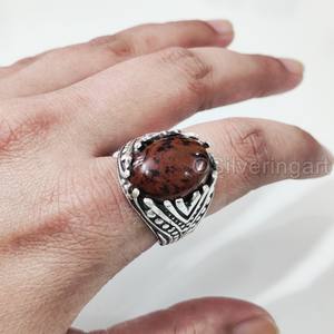 แหวนผู้ชายมาใหม่แหวนพลอยมะฮอกกานีแจสเปอร์ธรรมชาติแหวนวันเกิดทุกขนาดเครื่องประดับแต่งงานอาหรับ925แหวนเงินสเตอริง - Product Image 1
