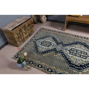 Alfombra Turca de 5x6.6 pies, Alfombra de Lana a Rayas Azules Vintage - Product Image 5