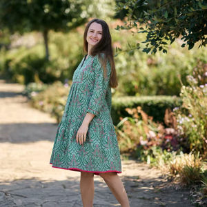Shey Hand Block Printed Cotton Dress Boho Floral <b>Green</b> <b>Pink</b> Casual Summer Wear - Product Image 1