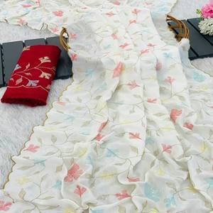 Sari de Seda Georgette Premium, Largo hasta el Suelo, con Bordado de Lentejuelas Multihilo, Borde Arcoíris Dorado, Elegancia Bollywood - Product Image 6