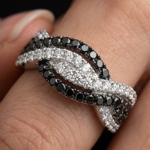 18K Solid White Gold Black and White Diamond Pavé Interwoven Multi-Band Crossover Ring with Premium Packaging for <b>Gift</b> - Product Image 1