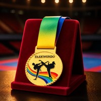 Médaille de Taekwondo personnalisée en alliage de zinc, récompense sportive ronde dorée avec ruban arc-en-ciel pour tournoi