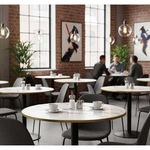 Mesa Redonda de Grado Comercial con Aspecto de Mármol Blanco y Detalles Dorados, Superficie Reforzada de Piedra Compuesta para Uso en Interiores y Exteriores - Product Image 2