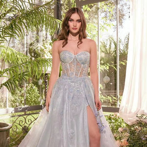 Élégant antistatique dames pleine longueur robe de cocktail sans bretelles Poly-Mesh avec perles perles et broderie décoration - Product Image 1