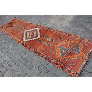Turkish Vintage Herki <b>Runner</b> Rug 3.2x11 ft, <b>Red</b> Abstract Rug Wool - Product Image 2