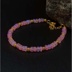 18K Gold & 925 Sterling Silver <b>Bracelet</b> Pink Ethiopian <b>Opal</b> Ball Shape for Gift - Product Image 1