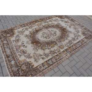 Alfombra turca Vintage de 5,5x8,4 pies, marrón, Beige, lana de retazos, área grande, rectángulo, estilo clásico Tabriz para sala de estar, látex - Product Image 2