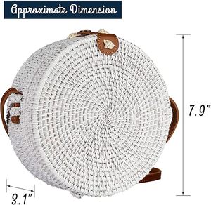 Bolso Bandolera Redondo de Ratán Hecho a Mano con Correa de Cuero, Bolso de Mano de Mimbre Ecológico para Mujer - Product Image 2