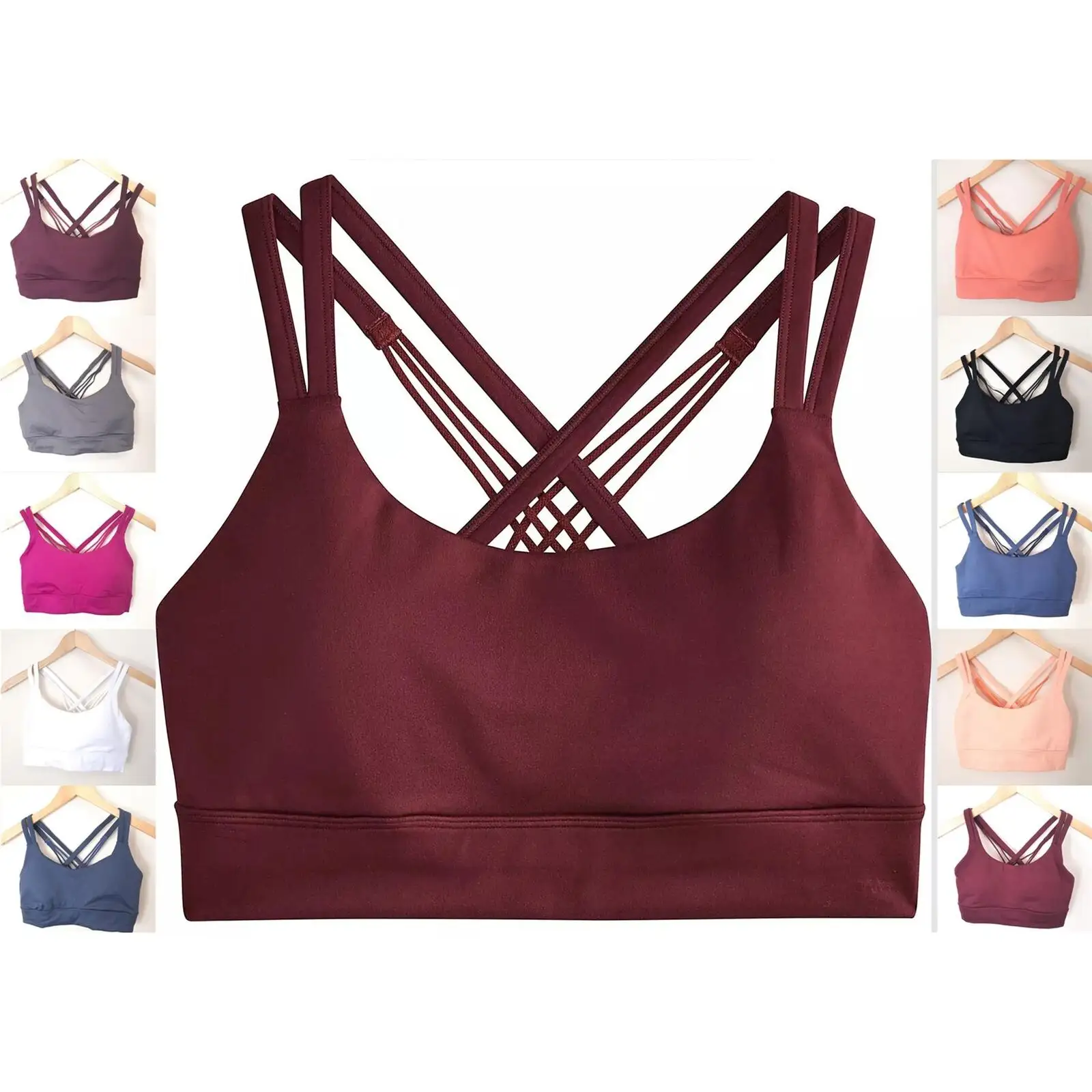 คุณภาพสูงไนลอนสแปนเด็กซ์กีฬา Bras Bralette Crop Top ไร้สายที่ถอดออกได้ Strappy กลับนุ่ม GYM และโยคะ Bras