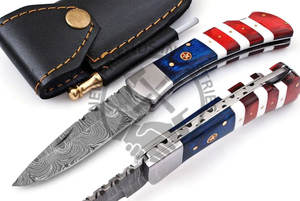 Couteau de poche pliant personnalisable poignée drapeau américain damas acier serrure arrière bois chameau os acier traversins ODM personnalisé - Product Image 2