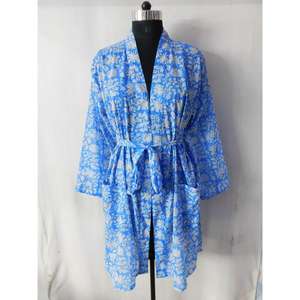 Soft Cotton <b>Kimono</b> Bathrobe with Block Printed Belt <b>Long</b> Nightgown Swimwear Beachwear Winter Nightwear Sleepwear Bikini <b>Robe</b> - Product Image 2