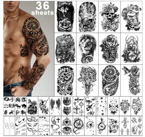 36 Lembar Stiker Tato Temporer, 12 Lembar Tato Tubuh Lengan Dada Bahu untuk Pria atau Wanita dengan 24 Lembar Hitam Kecil