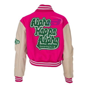 Alpha |   Kapa |   Veste universitaire Alpha Sorority rose, coupe-vent, respirante, en mélange de laine, avec logo brodé, veste AKA Sorority - Product Image 2