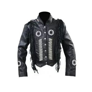 Chaqueta de cuero genuino occidental vintage hecha a mano con flecos de estilo vaquero y chaquetas de mujer de pan - Product Image 1