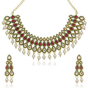 Kriaa Red Stone Kundan <b>Necklace</b> <b>Set</b> for Ladies Gold Plated Fine Bridal Jewelry with Zircon <b>Pearl</b> Diamond for Wedding and Gift - Product Image 1