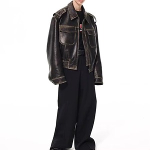 Veste d'hiver personnalisée de haute qualité pour hommes coupe-vent en cuir et polyester délavés avec motif en relief 3D - Product Image 2