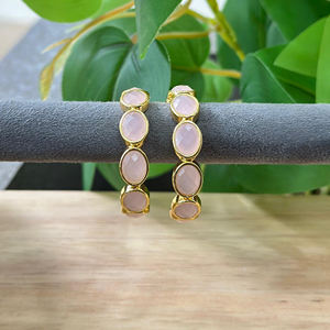 Pink chalcedony faceted gemstone hoop <b>earrings</b> 18k gold plated solid brass ear <b>post</b> with butterfly back statement jewelry - Product Image 3